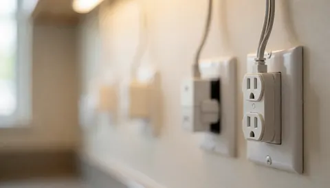 Vue rapprochée d'un mur intérieur montrant des câbles électriques et des prises, éclairage chaud et flou pour fond neutre professionnel.