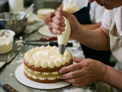 Mains d'un boulanger décorant un gâteau avec du glaçage blanc, outils de cuisine en arrière-plan flou, ambiance professionnelle et détaillée.