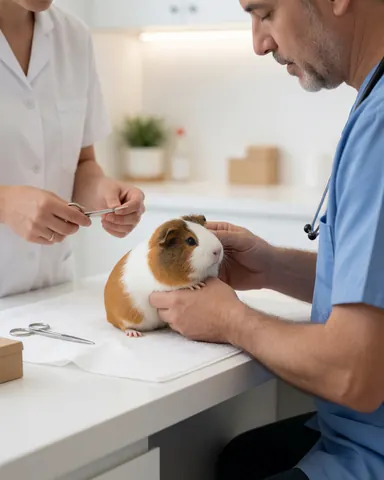 Un vétérinaire examine un petit animal sur une table blanche dans une clinique moderne et propre, avec un assistant préparant des instruments.