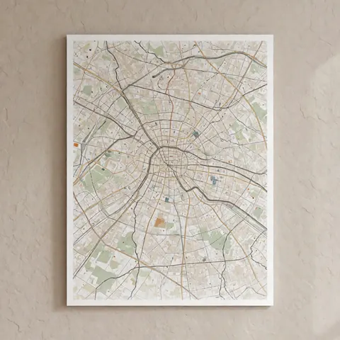 Une carte murale stylisée et minimaliste représentant la ville de Paris, affichée sur un mur avec une décoration intérieure élégante.