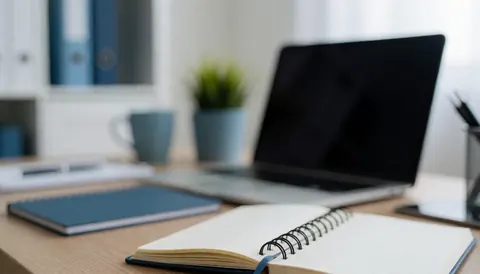 Vue d'un espace de travail moderne comprenant un bureau en bois, un ordinateur portable ouvert, un cahet, une tasse, des plantes et des fichiers sur fond blanc et bleu.
