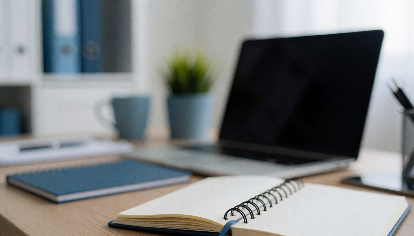 Vue d'un espace de travail moderne comprenant un bureau en bois, un ordinateur portable ouvert, un cahet, une tasse, des plantes et des fichiers sur fond blanc et bleu.