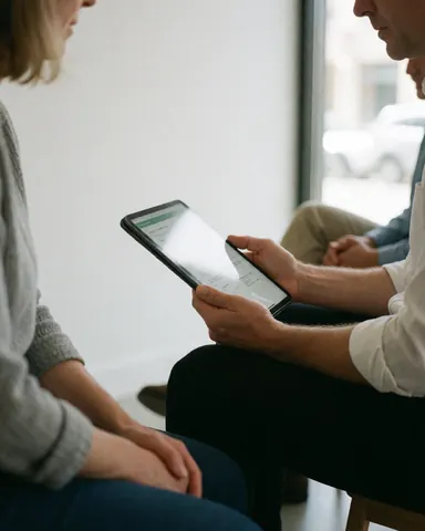 Un professionnel examine des informations détaillées sur une tablette numérique dans un environnement de travail moderne avec fond blanc.
