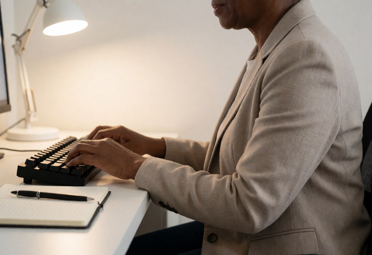 Un agent de support en ligne écrit sur un clavier mécanique, avec un carnet et un stylo sur son bureau, sous l'éclairage d'une lampe de bureau dans un environnement professionnel et calme.