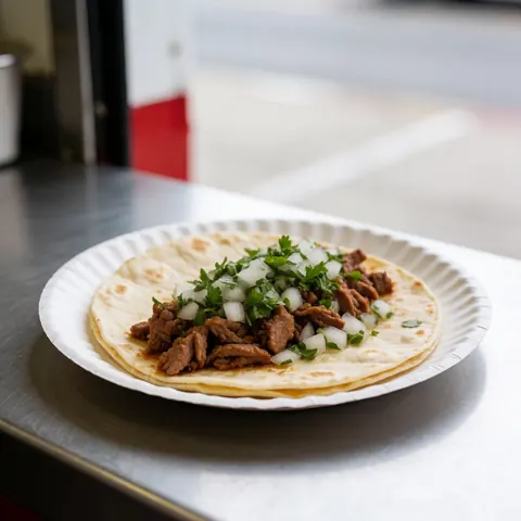 Un taco frais garni de viande assaisonnée, d'oignon et de coriandre fraîche, présenté sur une assiette posée sur un comptoir en extérieur.