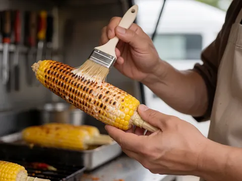 Mains en train de préparer un épi de maïs grillé sur un food truck.
