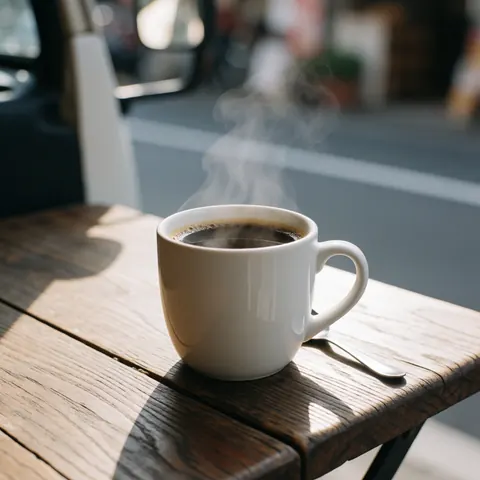 Café noir chaud dans une tasse blanche posée sur une table en bois avec de la vapeur s'élevant, éclairage matinal et fond urbain flou.