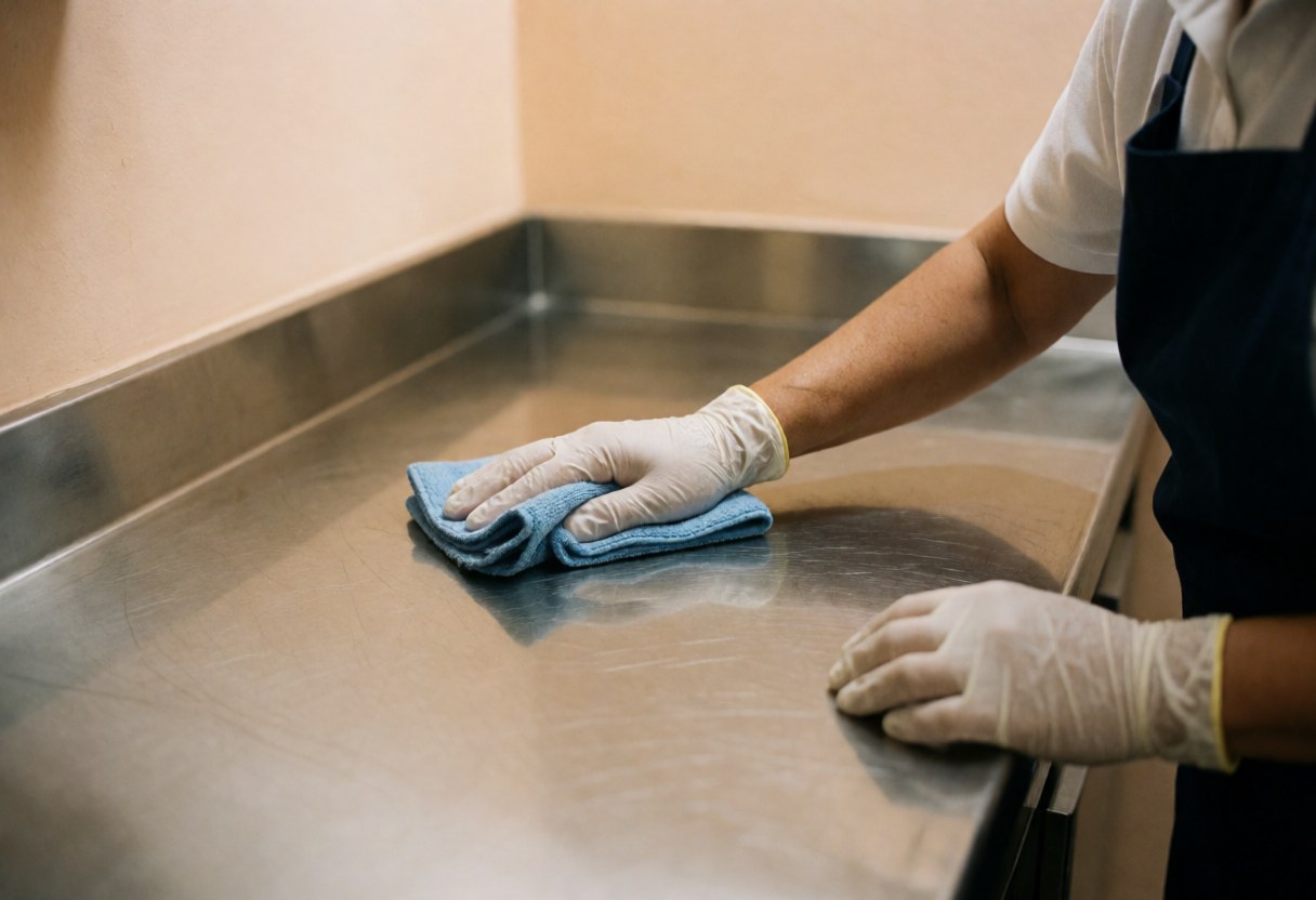Personne portant des gants bleus qui nettoie un comptoir en acier inoxydable avec un chiffon, dans un contexte de service alimentaire.