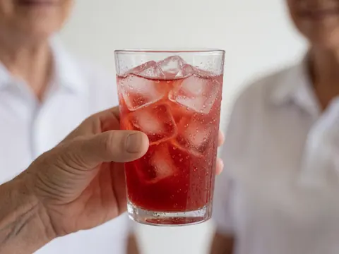 Un verre rempli de glace et de jus rouge, tenu par une main, sur un fond blanc flou.