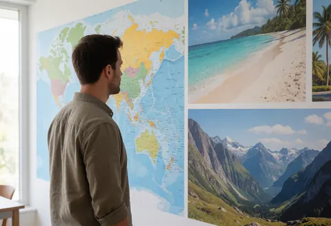 Un homme observe une grande affiche présentant des cartes du monde ainsi que des photos de plages et de montagnes dans le cadre d'une agence de voyages.