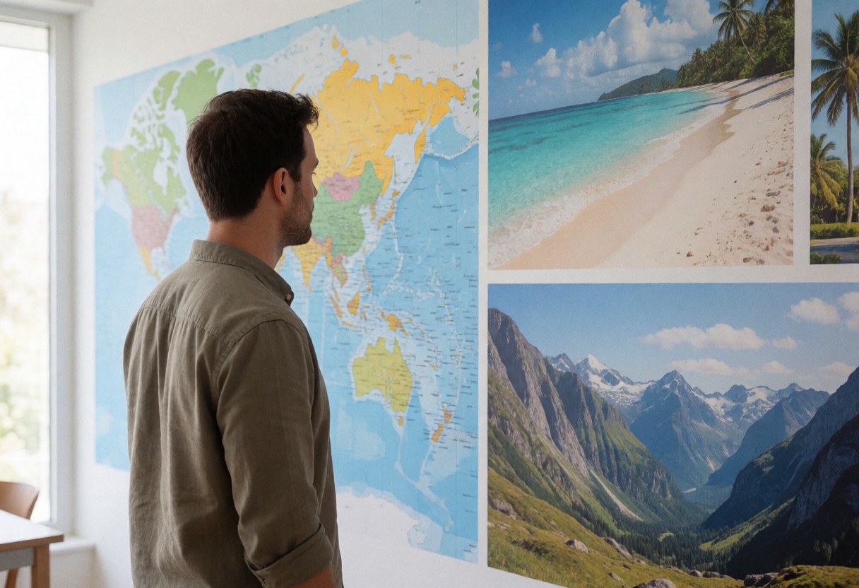 Un homme observe une grande affiche présentant des cartes du monde ainsi que des photos de plages et de montagnes dans le cadre d'une agence de voyages.