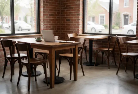 Un espace de travail lumineux et minimaliste comprenant une table, une chaise, un ordinateur portable et une tasse sur fond de mur en briques.