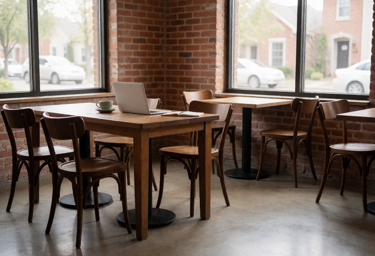 Un espace de travail lumineux et minimaliste comprenant une table, une chaise, un ordinateur portable et une tasse sur fond de mur en briques.
