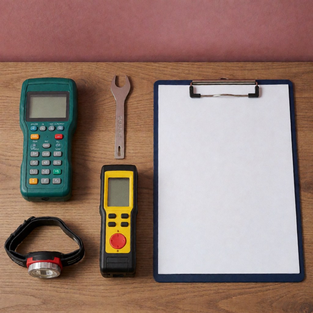 Ensemble organisé d'équipements d'inspection incluant un télémètre laser, une lampe frontale, un carnet de notes et des outils pour l'évaluation immobilière.