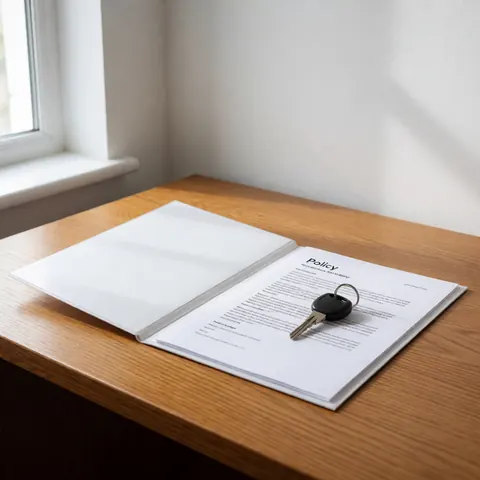 Document d'assurance ouvert sur une table en bois avec une clé noire posée dessus, éclairé par la lumière naturelle d'une fenêtre.