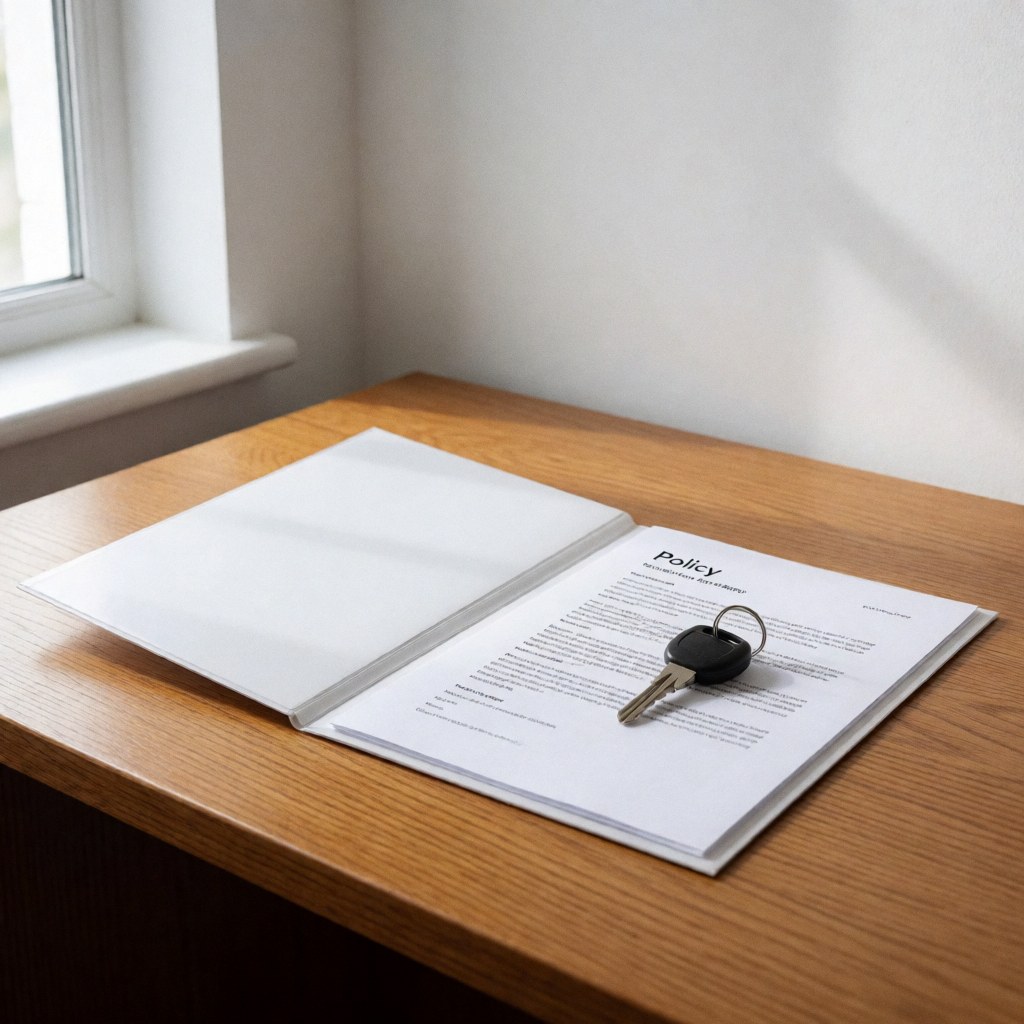 Document d'assurance ouvert sur une table en bois avec une clé noire posée dessus, éclairé par la lumière naturelle d'une fenêtre.