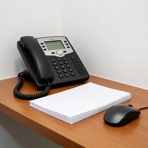 Bureau en bois avec un téléphone noir, une pile de brochures blanches et une souris. Idéal pour les services d'assurance ou de conseil.