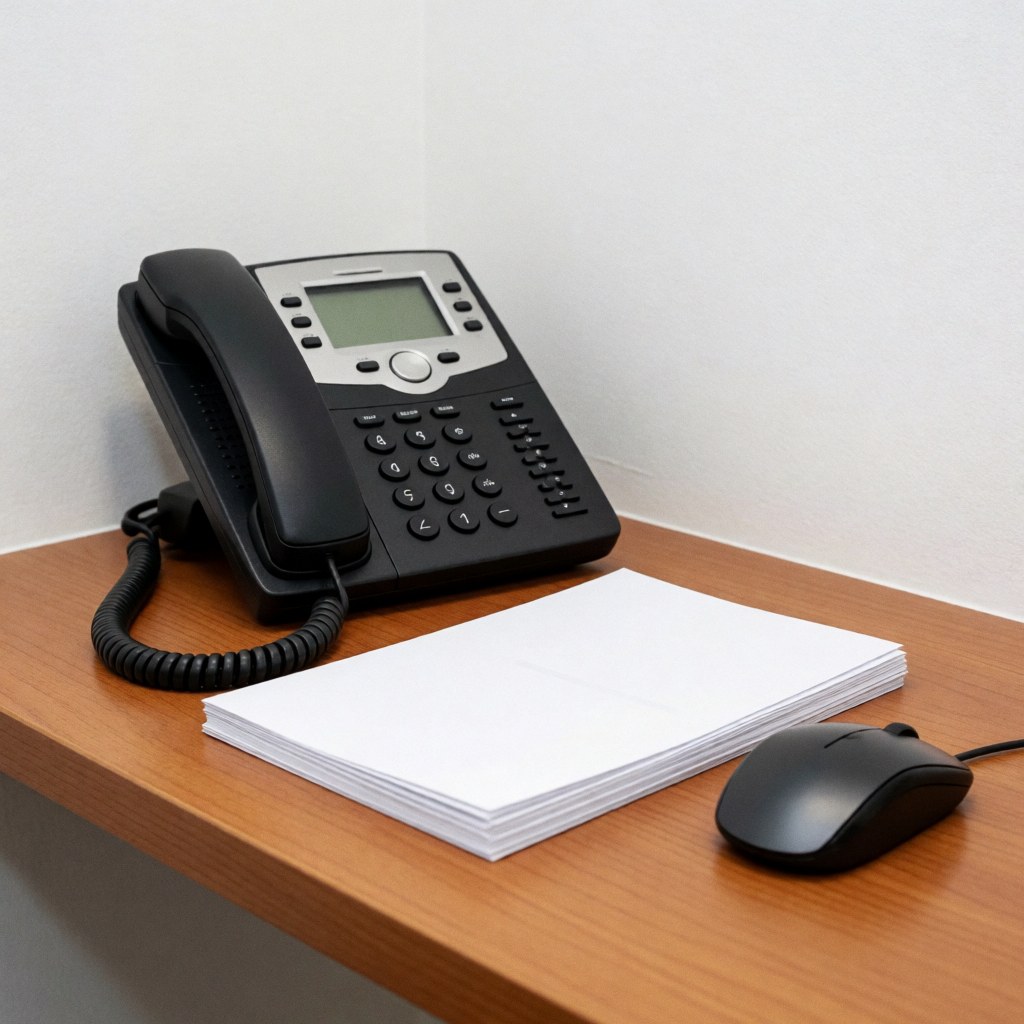 Bureau en bois avec un téléphone noir, une pile de brochures blanches et une souris. Idéal pour les services d'assurance ou de conseil.