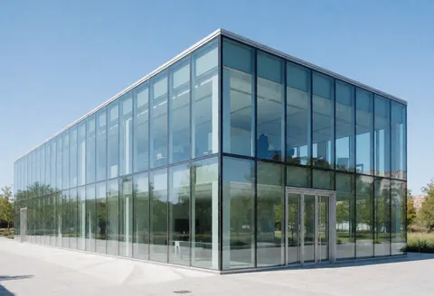 Façade vitrée d'un immeuble contemporain sous un ciel clair, allée propre et architecture actuelle évoquant le professionnalisme.