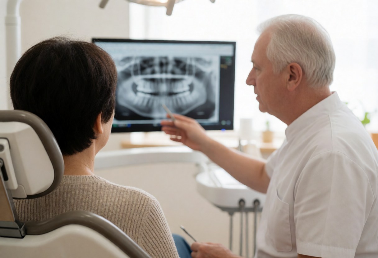 Un dentiste professionnel montre une radiographie dentaire sur un écran à un patient assis dans le fauteuil pour expliquer son diagnostic.