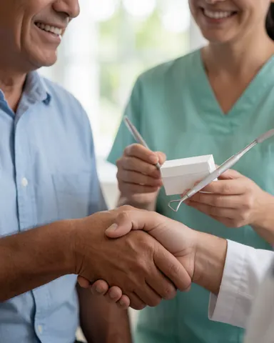 Un dentiste tenant des outils et une boîte blanche salue un patient avec un sourire dans un cabinet lumineux.