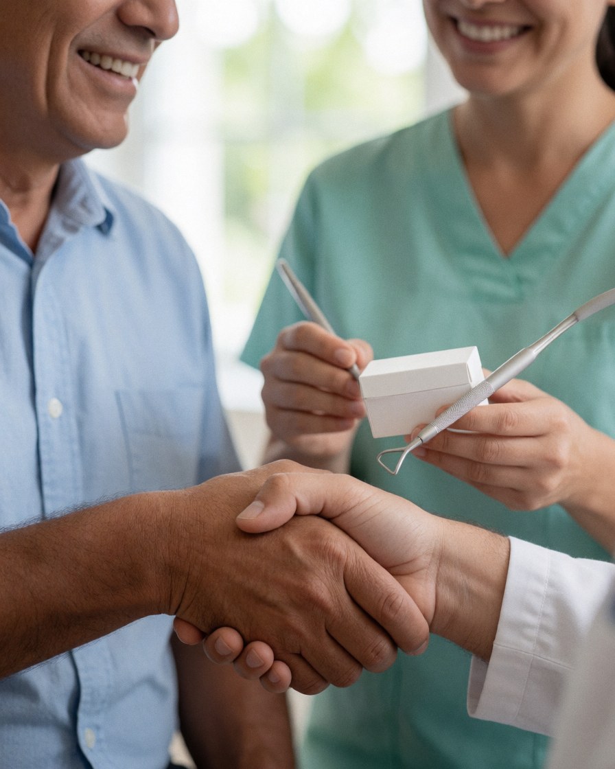 Un dentiste tenant des outils et une boîte blanche salue un patient avec un sourire dans un cabinet lumineux.