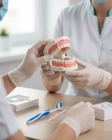Mains du dentiste en gants tenant un modèle de dents, une brosse à dents et du fil dentaire sur un bureau dans un environnement clinique professionnel.