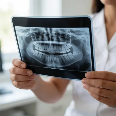 Une dentiste montre une radiographie dentaire à un patient dans une clinique, avec un fond flou et une lumière naturelle.