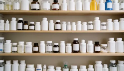 Fond neutre composé d'étagères contenant des flacons de médicaments, adapté pour des textes liés à l'odontologie et à un environnement professionnel.