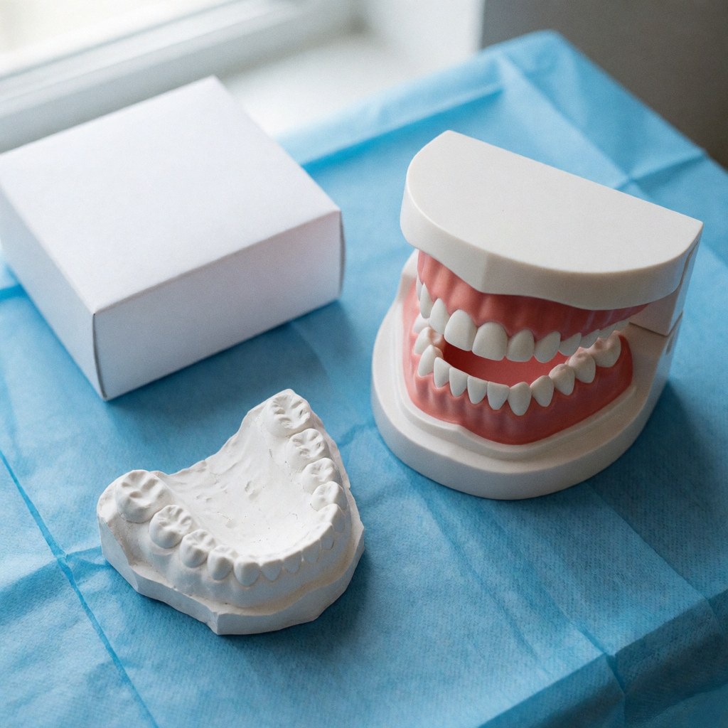 Un modèle dentier réaliste posé sur une surface, recouvert partiellement d'un tissu bleu, évoquant les soins et la prosthodontie.