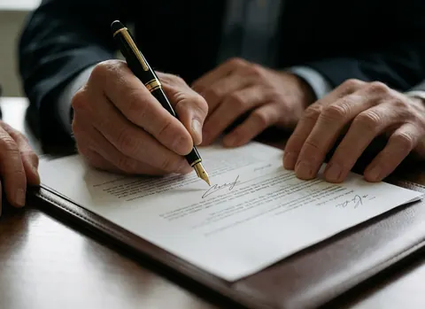 Des mains d'adulte signent un contrat sur une surface en cuir marron, éclairage doux et professionnel.
