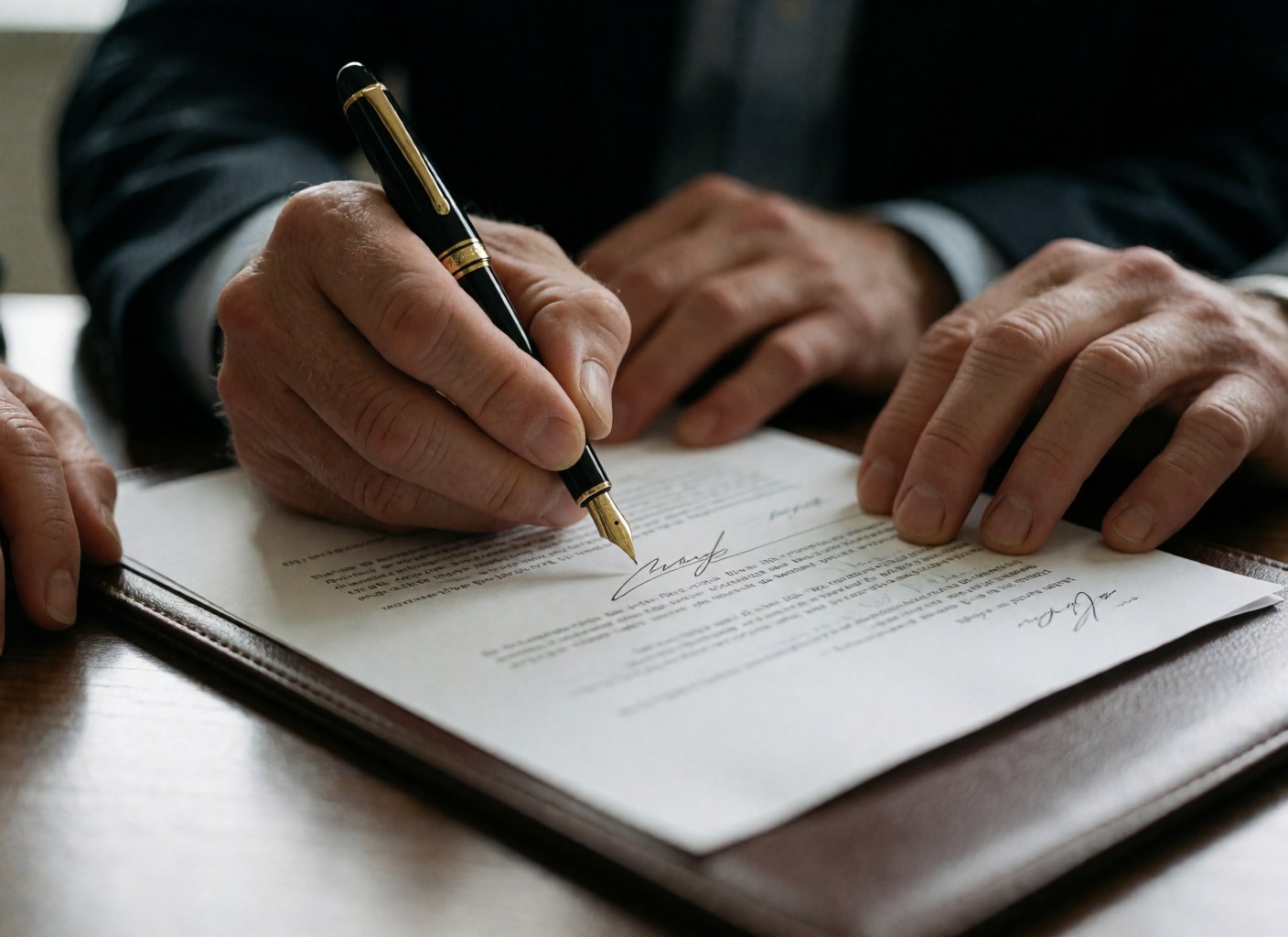 Des mains d'adulte signent un contrat sur une surface en cuir marron, éclairage doux et professionnel.