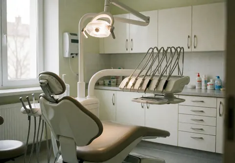 Salle de soins dentaires moderne avec chaise, lumière d'opération, armoire et fenêtre. Ambiance professionnelle, lumineuse et stérile.
