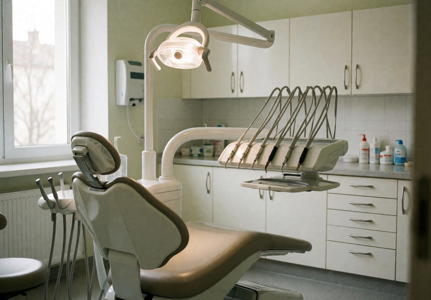 Salle de soins dentaires moderne avec chaise, lumière d'opération, armoire et fenêtre. Ambiance professionnelle, lumineuse et stérile.