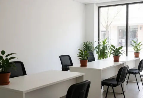 Vue intérieure d'un espace de travail contemporain avec table blanche, chaises noires, plantes vertes et grandes fenêtres laissant entrer la lumière naturelle.
