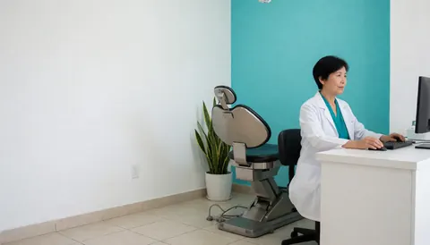 Vue intérieure d'une clinique dentaire avec un environnement aseptisé, une chaise de traitement et du matériel médical sur fond blanc.