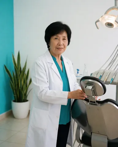 Portrait d'une dentiste senior en tenue professionnelle, regard concentré et sérieux, évoquant l'expertise et la rigueur dans un cadre médical.