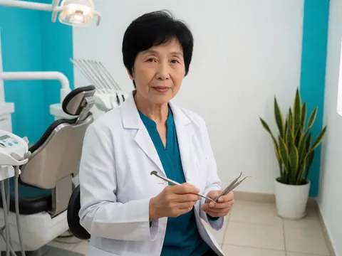 Dentiste en blouse blanche tenant des instruments dentaux dans une clinique équipée d'un fauteuil et de murs turquoise.