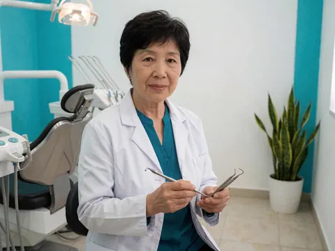 Dentiste en blouse blanche tenant des instruments dentaux dans une clinique équipée d'un fauteuil et de murs turquoise.