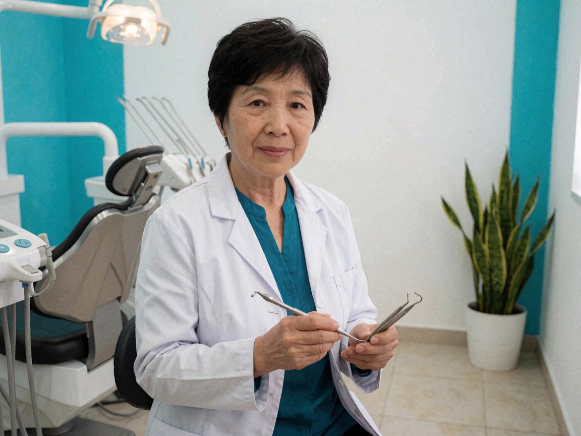 Dentiste en blouse blanche tenant des instruments dentaux dans une clinique équipée d'un fauteuil et de murs turquoise.