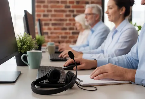 Espace de travail moderne équipé d'un ordinateur, d'un casque, d'un cahier et d'une plante verte sur un bureau.