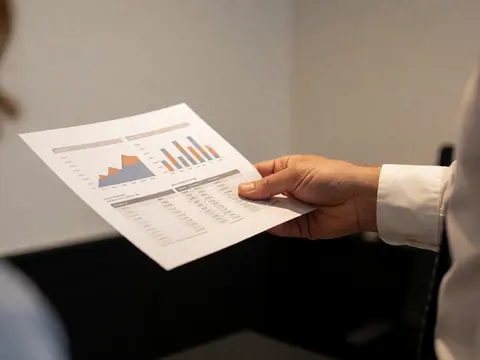 Document de plan d'affaires avec graphiques statistiques posé sur un bureau, éclairage chaud et fond sombre pour analyse financière.