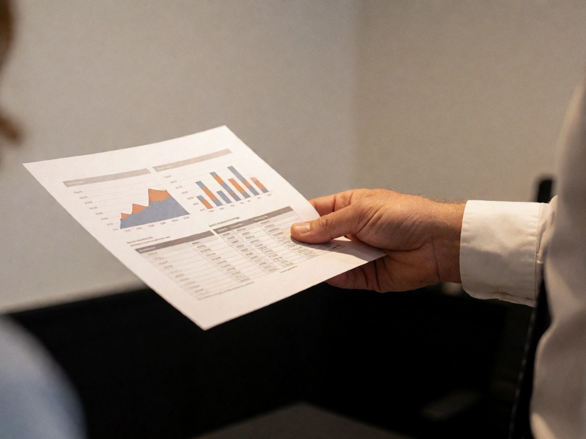 Document de plan d'affaires avec graphiques statistiques posé sur un bureau, éclairage chaud et fond sombre pour analyse financière.