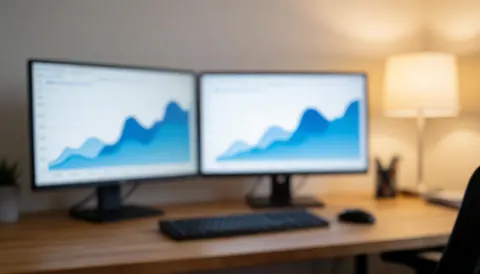 Bureau moderne en bois avec plusieurs moniteurs affichant des données analytiques, éclairage doux et fond flou professionnel adapté aux textes.