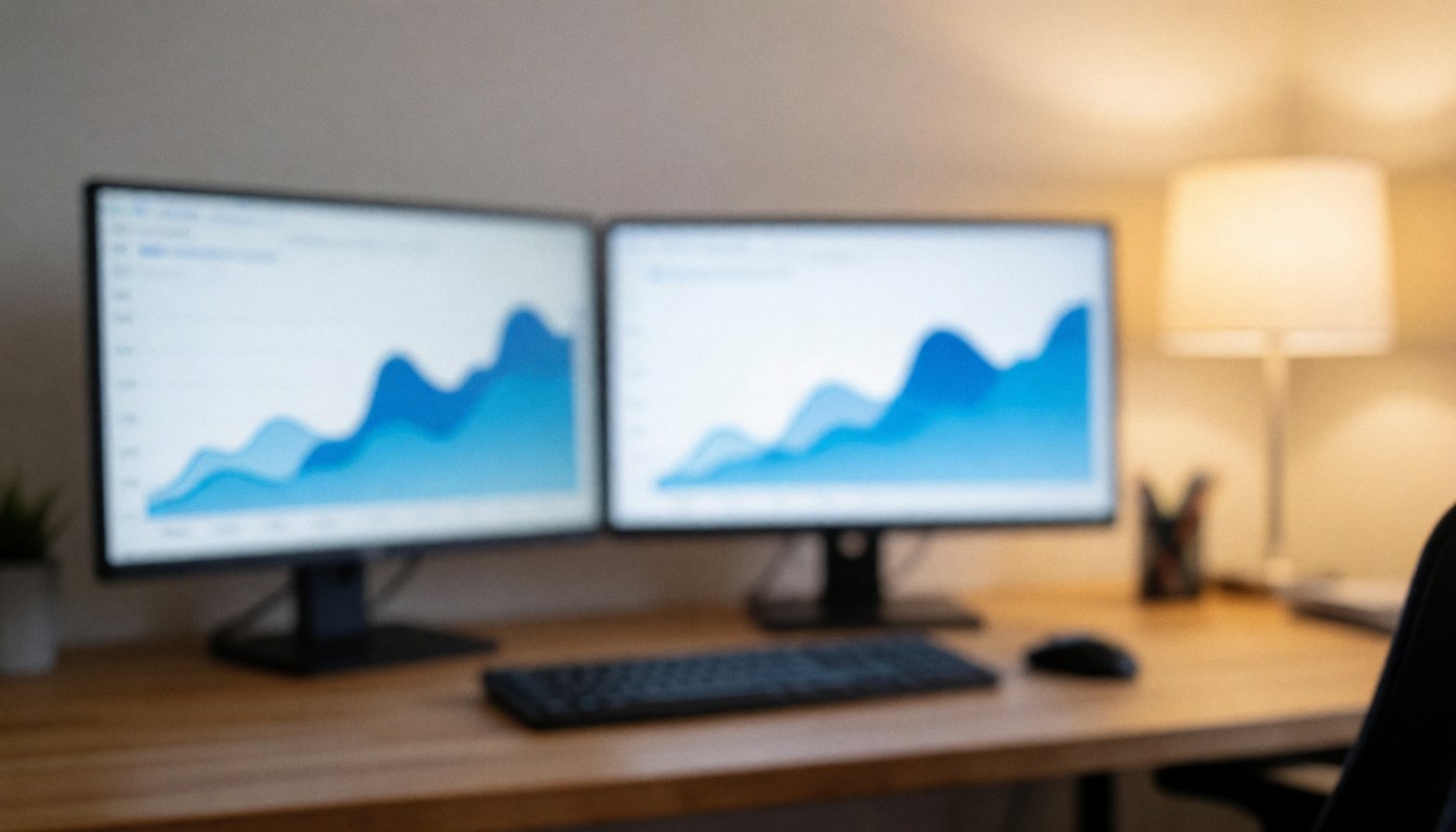 Bureau moderne en bois avec plusieurs moniteurs affichant des données analytiques, éclairage doux et fond flou professionnel adapté aux textes.