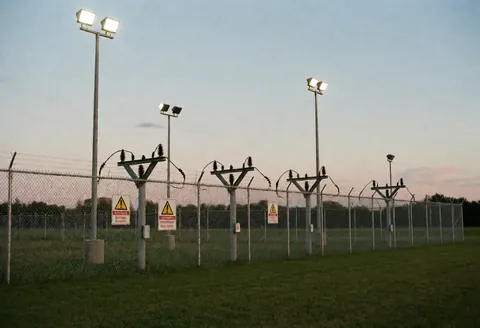 Une clôture métallique en maille chaînée sécurisée avec des isolateurs électriques et des panneaux d'avertissement, éclairée par des projecteurs dans un environnement industriel au crépuscule.