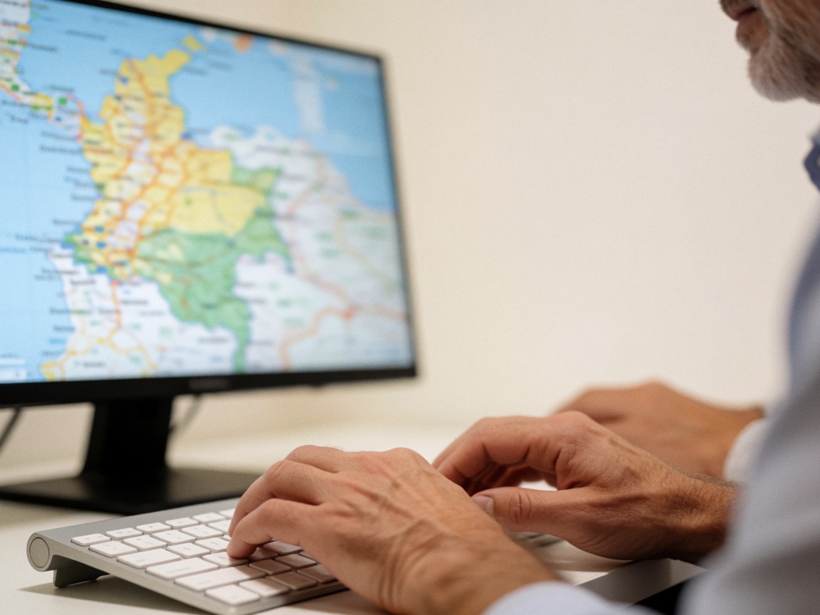 Mains d'adultes saisissant au clavier blanc devant un écran affichant une carte de Colombie, scène professionnelle en agence de voyages.