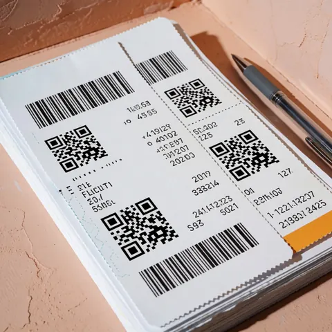 Vue de dessus d'itinéraires de voyage imprimés disposés sur un bureau avec des codes-barres et des billets.