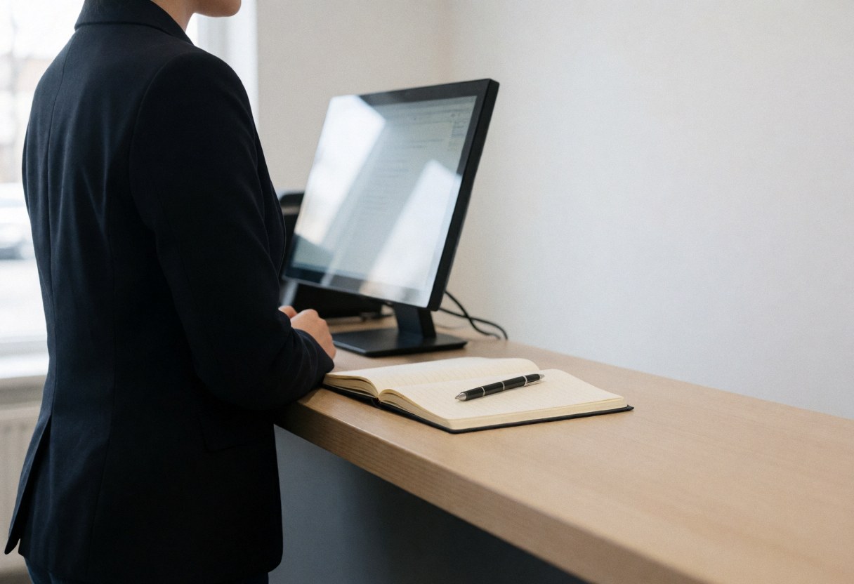 Portrait d'un agent de bureau travaillant sur un ordinateur avec des documents et un stylo sur son bureau.