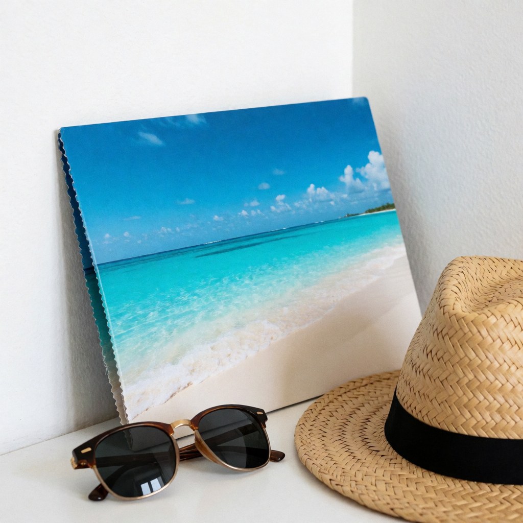 Brochure de voyage sur fond blanc montrant une plage tropicale, des lunettes de soleil et un chapeau de paille, idéale pour une agence de voyages.